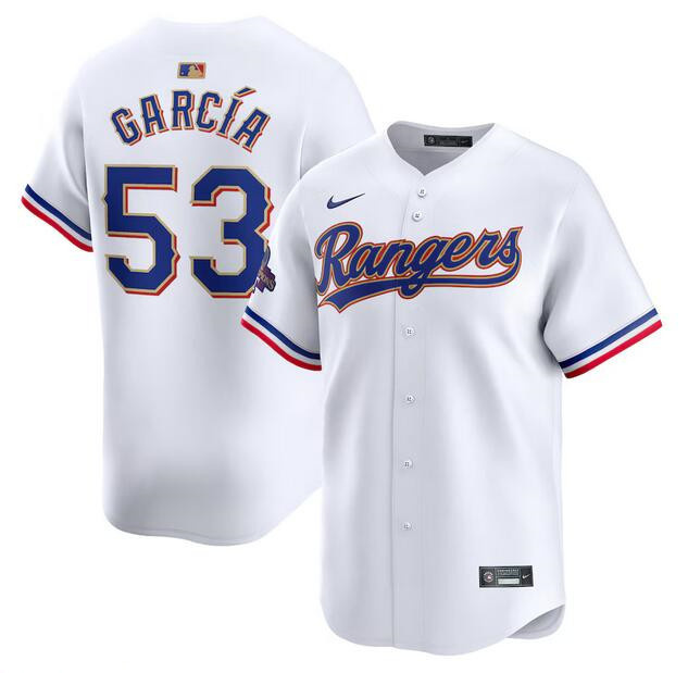 Men's Texas Rangers #53 Adolis García White 2024 Gold Collection Cool Base Stitched Baseball Jersey